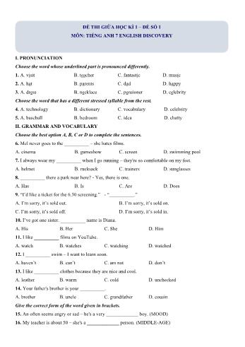 Đề thi giữa học kì 1 môn Tiếng Anh Lớp 7 English Discovery - Đề số 1 (Có lời giải)