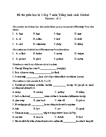 Đề thi giữa học kì 1 môn Tiếng Anh Lớp 7 Sách Global Success - Đề 2 (Có đáp án)