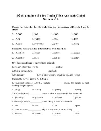 Đề thi giữa học kì 1 môn Tiếng Anh Lớp 7 Sách Global Success - Năm học 2021-2022 - Đề 2 (Có đáp án)