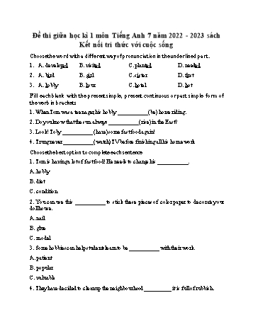 Đề thi giữa học kì 1 môn Tiếng Anh Lớp 7 Sách Kết nối tri thức - Năm học 2022-2023 (Có đáp án)