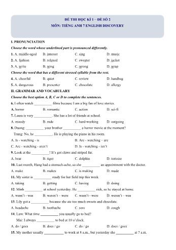 Đề thi học kì 1 môn Tiếng Anh Lớp 7 English Discovery - Đề số 2 (Có lời giải)