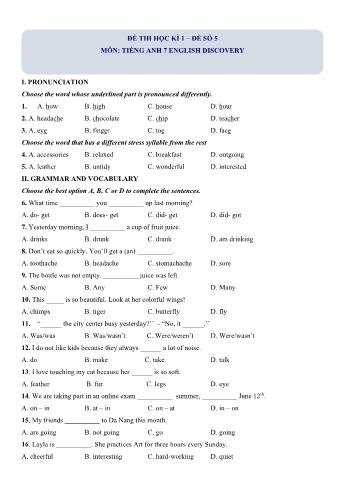 Đề thi học kì 1 môn Tiếng Anh Lớp 7 English Discovery - Đề số 5 (Có lời giải)