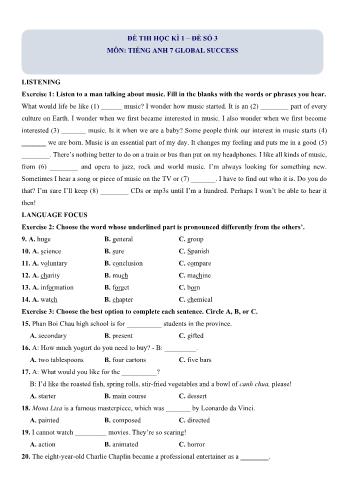 Đề thi học kì 1 môn Tiếng Anh Lớp 7 Global Sucess - Đề số 3 (Có lời giải)