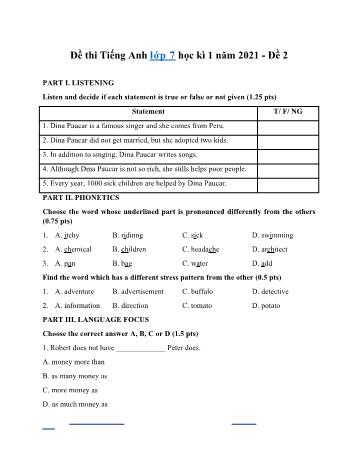 Đề thi học kì 1 môn Tiếng Anh Lớp 7 - Năm học 2021-2022 - Đề 2 (Có đáp án)