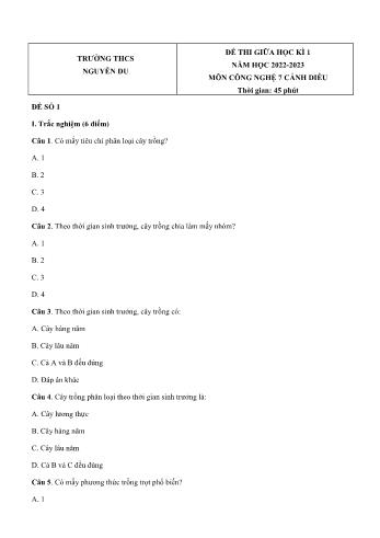 Đề thi giữa học kì 1 môn Công nghệ Lớp 7 Sách Cánh diều - Năm học 2022-2023 - Trường THCS Nguyễn Du (Có đáp án)