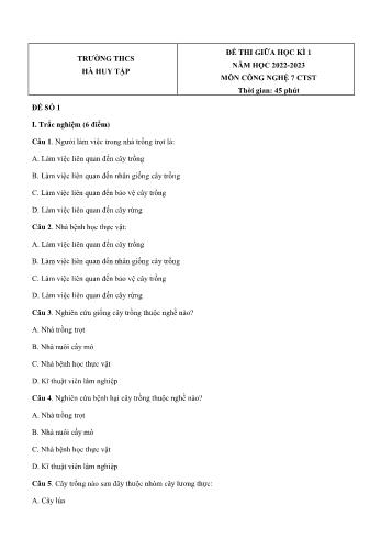 Đề thi giữa học kì 1 môn Công nghệ Lớp 7 Sách Chân trời sáng tạo - Năm học 2022-2023 - Trường THCS Hà Huy Tập (Có đáp án)