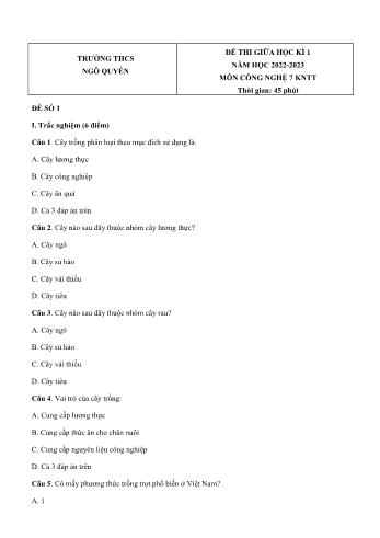 Đề thi giữa học kì 1 môn Công nghệ Lớp 7 Sách Kết nối tri thức - Năm học 2022-2023 - Trường THCS Ngô Quyền (Có đáp án)