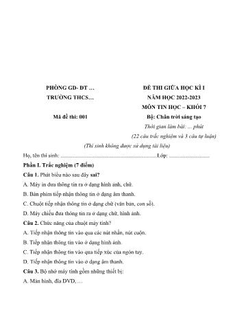 Đề thi giữa học kì I môn Tin học Lớp 7 Sách Chân trời sáng tạo - Năm học 2022-2023 (Có đáp án)