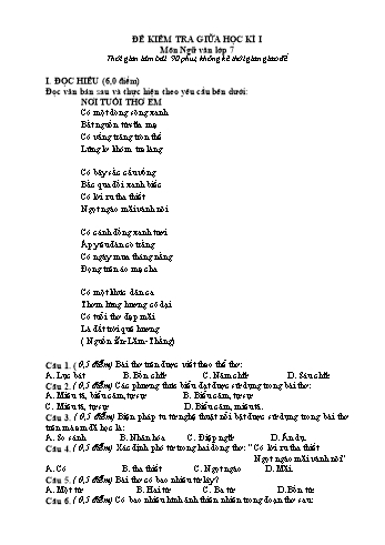 Đề kiểm tra giữa học kì I môn Ngữ văn Lớp 7 (Cánh diều) - Năm học 2022-2023 (Có đáp án)