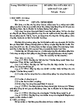 Đề kiểm tra giữa học kì I môn Ngữ văn Lớp 7 - Năm học 2022-2023 - Trường TH&THCS Quỳnh Lâm (Có đáp án)
