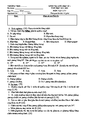 Đề kiểm tra giữa học kì I môn Vật lý Lớp 7 - Năm học 2021-2022 (Có đáp án)