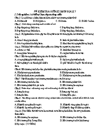 Đề kiểm tra giữa kì I môn Địa lí Lớp 7