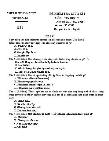 Đề kiểm tra giữa kì I môn Tin học Lớp 7 - Năm học 2021-2022 - Trường THCS Gia Thụy (Có đáp án)