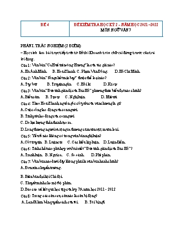 Bộ 10 đề kiểm tra học kỳ 2 môn Ngữ văn Lớp 7 - Năm học 2021-2022 - Đề 4 (Có đáp án)