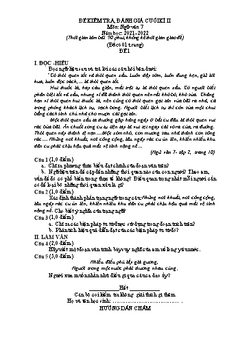 Đề kiểm tra, đánh giá cuối học kỳ II môn Ngữ văn Lớp 7 - Năm học 2021-2022 - Đề 1 (Có đáp án)