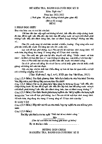 Đề kiểm tra, đánh giá cuối học kỳ II môn Ngữ văn Lớp 7 - Năm học 2021-2022 - Đề 2 (Có đáp án)