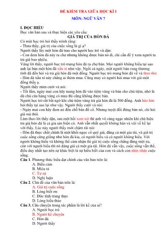 Đề kiểm tra giữa học kì I môn Ngữ văn Lớp 7 Sách Cánh diều (Kèm hướng dẫn chấm)