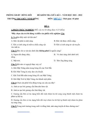 Đề kiểm tra giữa kì I môn Vật lí Lớp 7 - Năm học 2021-2022 - Trường THCS Đức Ninh Đông (Có đáp án)