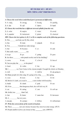 Đề thi học kì 2 Tiếng Anh Lớp 7 (Friends plus) - Đề số 1 (Có hướng dẫn giải chi tiết)