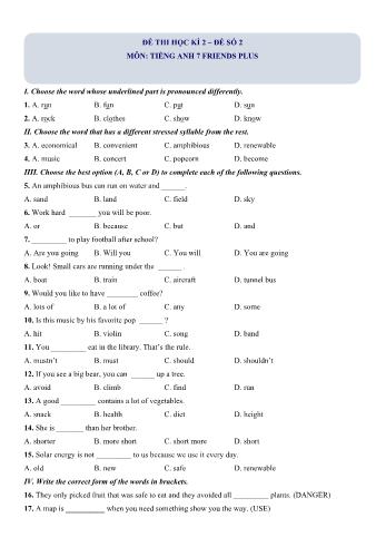 Đề thi học kì 2 Tiếng Anh Lớp 7 (Friends plus) - Đề số 2 (Có hướng dẫn giải chi tiết)