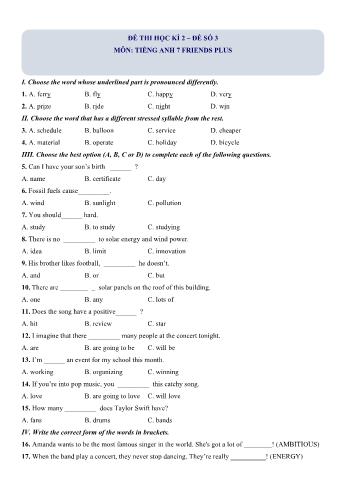 Đề thi học kì 2 Tiếng Anh Lớp 7 (Friends plus) - Đề số 3 (Có hướng dẫn giải chi tiết)