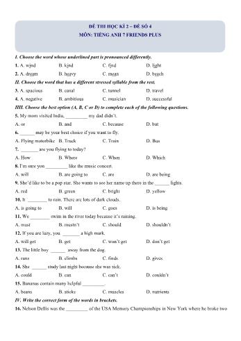 Đề thi học kì 2 Tiếng Anh Lớp 7 (Friends plus) - Đề số 4 (Có hướng dẫn giải chi tiết)