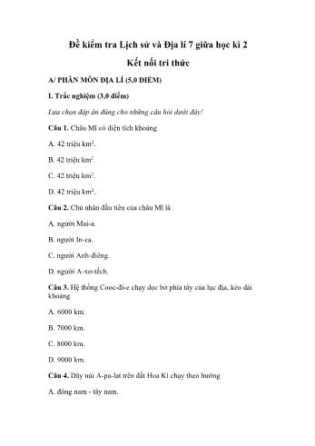 Đề kiểm tra giữa học kì 2 Lịch sử và Địa lí Lớp 7 Sách Cánh diều (Có hướng dẫn trả lời)