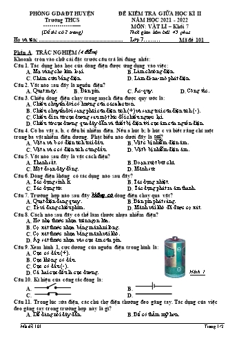 Đề kiểm tra giữa học kì 2 Vật lí Lớp 7 - Mã đề 101 - Năm học 2021-2022 (Có đáp án)