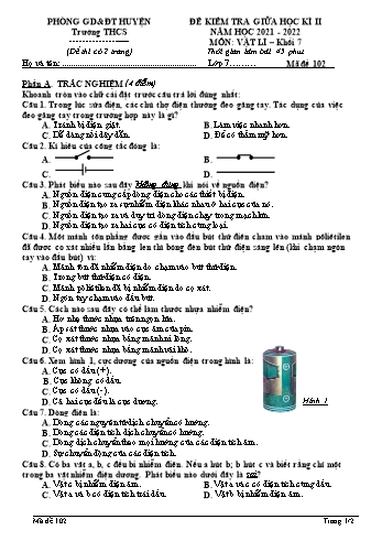 Đề kiểm tra giữa học kì 2 Vật lí Lớp 7 - Mã đề 102 - Năm học 2021-2022 (Có đáp án)