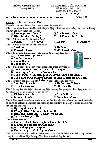 Đề kiểm tra giữa học kì 2 Vật lí Lớp 7 - Mã đề 103 - Năm học 2021-2022 (Có đáp án)