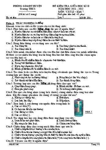 Đề kiểm tra giữa học kì 2 Vật lí Lớp 7 - Mã đề 104 - Năm học 2021-2022 (Có đáp án)