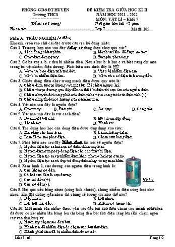 Đề kiểm tra giữa học kì 2 Vật lí Lớp 7 - Mã đề 105 - Năm học 2021-2022 (Có đáp án)