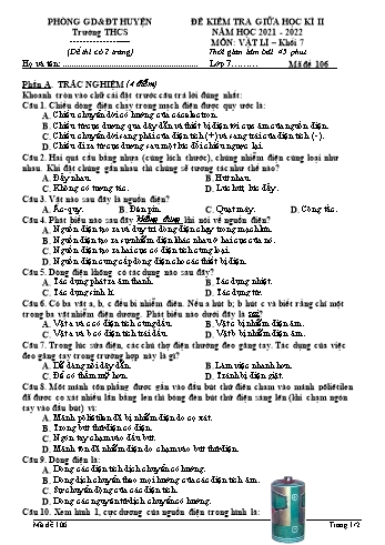 Đề kiểm tra giữa học kì 2 Vật lí Lớp 7 - Mã đề 106 - Năm học 2021-2022 (Có đáp án)