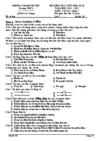 Đề kiểm tra giữa học kì 2 Vật lí Lớp 7 - Mã đề 107 - Năm học 2021-2022 (Có đáp án)