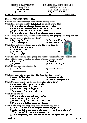 Đề kiểm tra giữa học kì 2 Vật lí Lớp 7 - Mã đề 108 - Năm học 2021-2022 (Có đáp án)