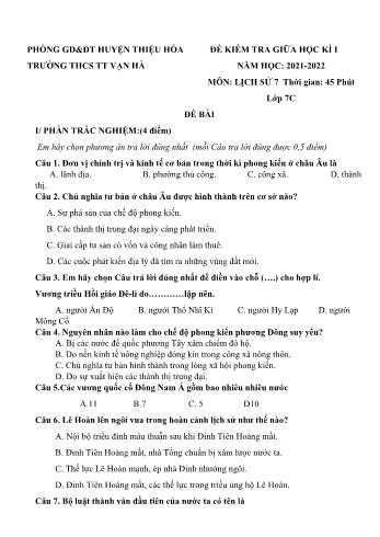 Đề kiểm tra giữa kì 1 Lịch sử Lớp 7 - Năm học 2021-2022 - Trường THCS Thị trấn Vạn Hà (Có đáp án và biểu điểm)
