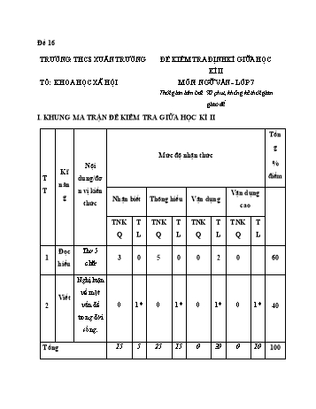 Đề kiểm tra giữa kì 2 Ngữ văn Lớp 7 - Đề 16 - Năm học 2022-2023 - Trường THCS Xuân Trường (Có ma trận và hướng dẫn chấm)