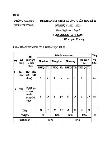 Đề kiểm tra giữa kì 2 Ngữ văn Lớp 7 - Đề 19 - Năm học 2022-2023 - Phòng GD&ĐT Xuân Trường (Có ma trận và hướng dẫn chấm)