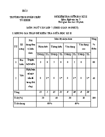 Đề kiểm tra giữa kì 2 Ngữ văn Lớp 7 - Đề 3 - Năm học 2022-2023 - Trường THCS Xuân Châu (Có ma trận và hướng dẫn chấm)