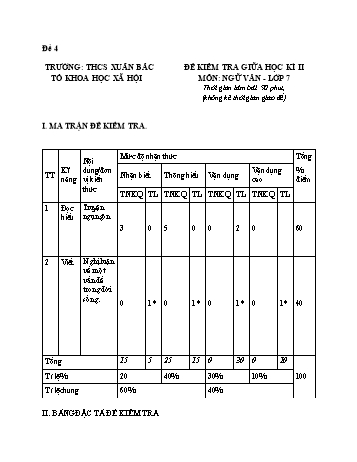 Đề kiểm tra giữa kì 2 Ngữ văn Lớp 7 - Đề 4 - Năm học 2022-2023 - Trường THCS Xuân Bắc (Có ma trận và hướng dẫn chấm)