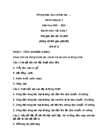 Đề thi giữa kì 2 Vật lí Lớp 7 - Đề số 2 - Năm học 2021-2022 (Có đáp án)