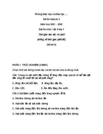 Đề thi giữa kì 2 Vật lí Lớp 7 - Đề số 6 - Năm học 2021-2022 (Có đáp án)