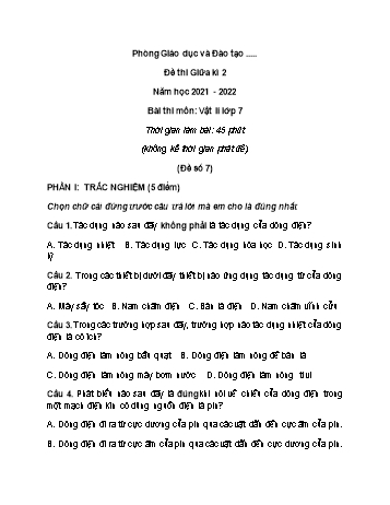 Đề thi giữa kì 2 Vật lí Lớp 7 - Đề số 7 - Năm học 2021-2022 (Có đáp án)