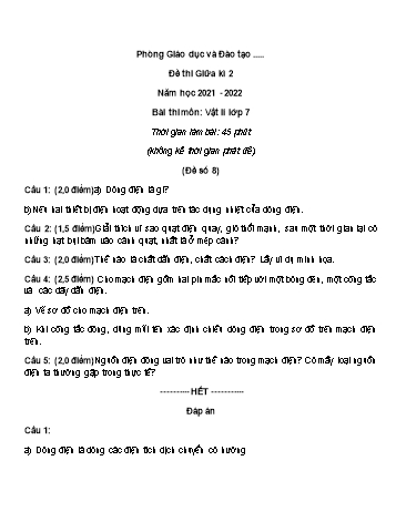 Đề thi giữa kì 2 Vật lí Lớp 7 - Đề số 8 - Năm học 2021-2022 (Có đáp án)