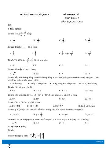 Đề thi học kì 1 Toán Lớp 7 - Năm học 2021-2022 - Trường THCS Ngô Quyền (Có đáp án)