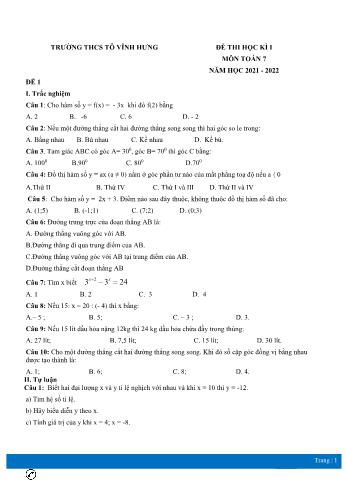 Đề thi học kì 1 Toán Lớp 7 - Năm học 2021-2022 - Trường THCS Tô Vĩnh Hưng (Có đáp án)