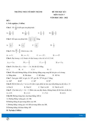 Đề thi học kì 1 Toán Lớp 7 - Năm học 2021-2022 - Trường THCS Tô Hiến Thành (Có đáp án)