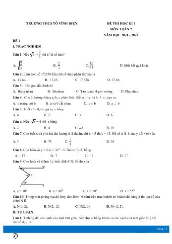 Đề thi học kì 1 Toán Lớp 7 - Năm học 2021-2022 - Trường THCS Tô Vĩnh Diện (Có đáp án)