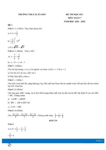 Đề thi học kì 1 Toán Lớp 7 - Năm học 2021-2022 - Trường THCS Xuân Sơn (Có đáp án)