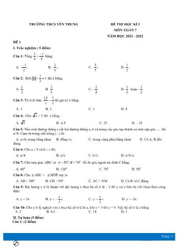 Đề thi học kì 1 Toán Lớp 7 - Năm học 2021-2022 - Trường THCS Yên Trung (Có đáp án)